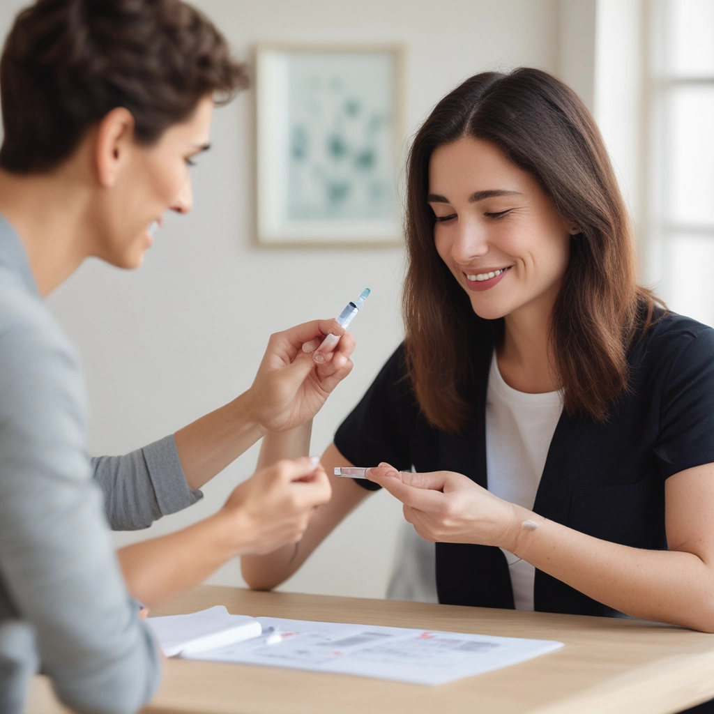A person smiling while checking their health stats on a smartphone in a cozy home setting.